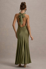 Amelita | Khaki Satin Cowl-Neck Maxi Dress