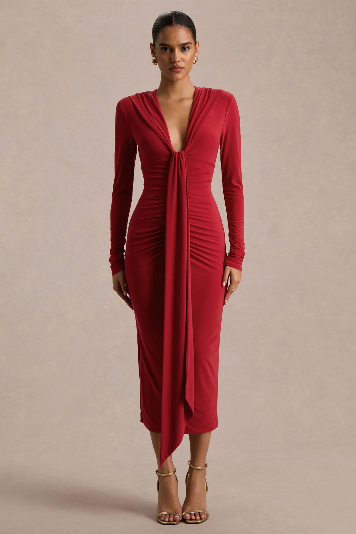 Ivara | Red Plunge-Neck Maxi Dress With Ruched Detailing And Sash