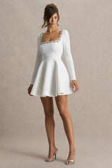 Astonish | White Long-Sleeve Embellished Square-Neck Mini Dress With Volume Skirt