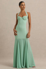 Kirby | Sage Corset Halter-Neck Maxi Dress With Sheer Detail