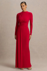 Virelle | Red Boat-Neck Maxi Dress With Wrap Detail And Sash
