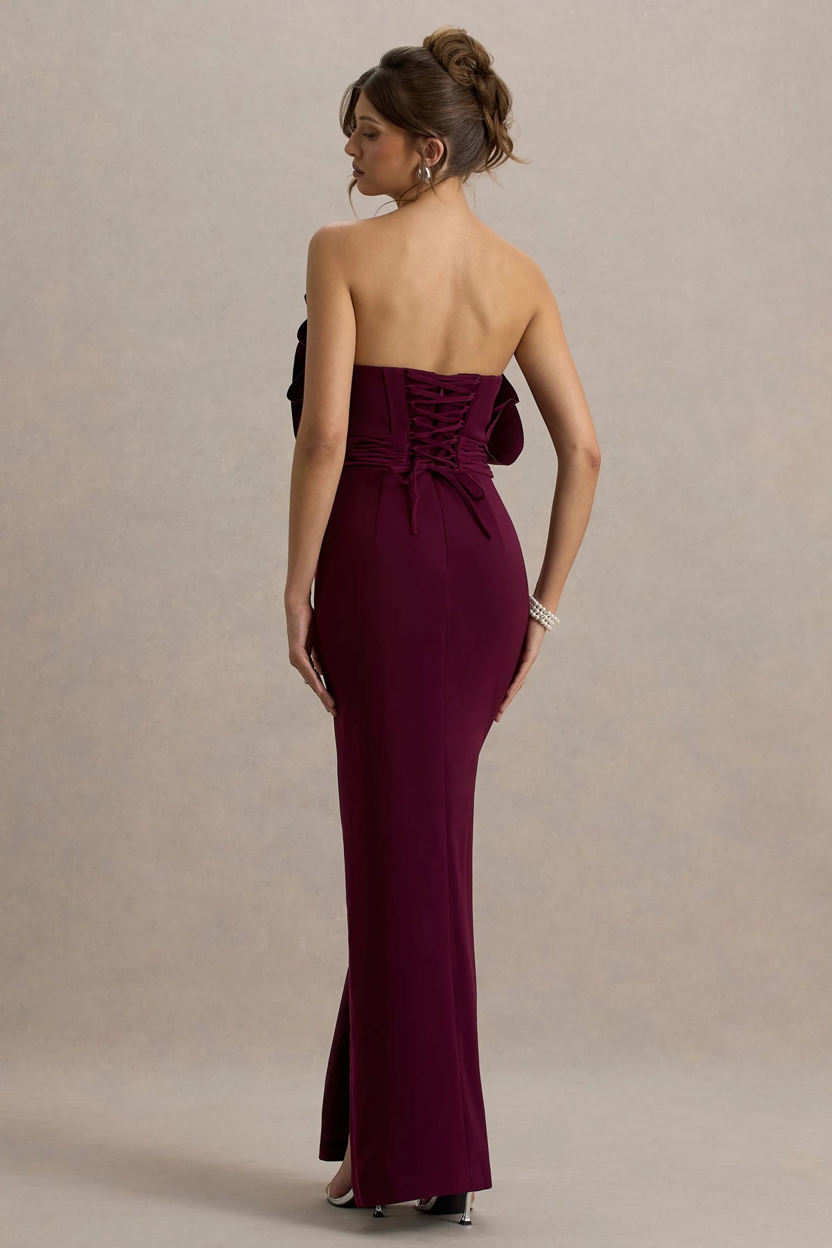 Set The Bar | Plum Ruffled Strapless Split Maxi Dress