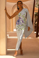 Clementina | Powder Blue Rose Print Asymmetric Cape Sleeve Maxi Dress