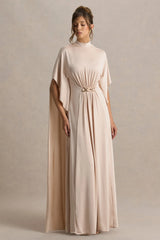 Olessia | Champagne Belted Gathered Cape-Sleeve Maxi Dress