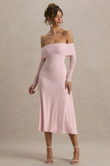 Flatter Me | Light Pink Bardot Midi Dress With Mesh Sleeves