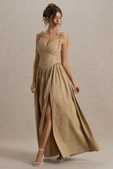 Comet | Tan Linen Maxi Dress with Plunge Neckline and Front High Split