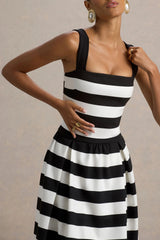 Monte Carlo | Black & White Striped Square-Neck Drop-Waist Midi Dress