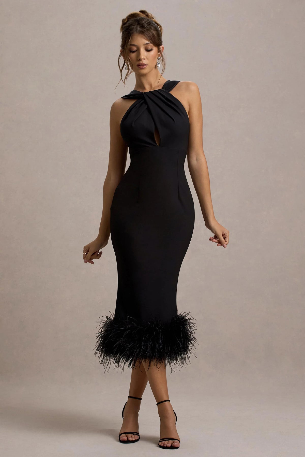 Titania | Black Twist-Neck Feather Hem Midi Dress