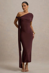 Praia | Burgundy Asymmetric-Neck Midi Dress With Sash and Draped Detailing
