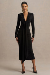 Ivara | Black Plunge-Neck Midi Dress With Ruched Detailing And Sash