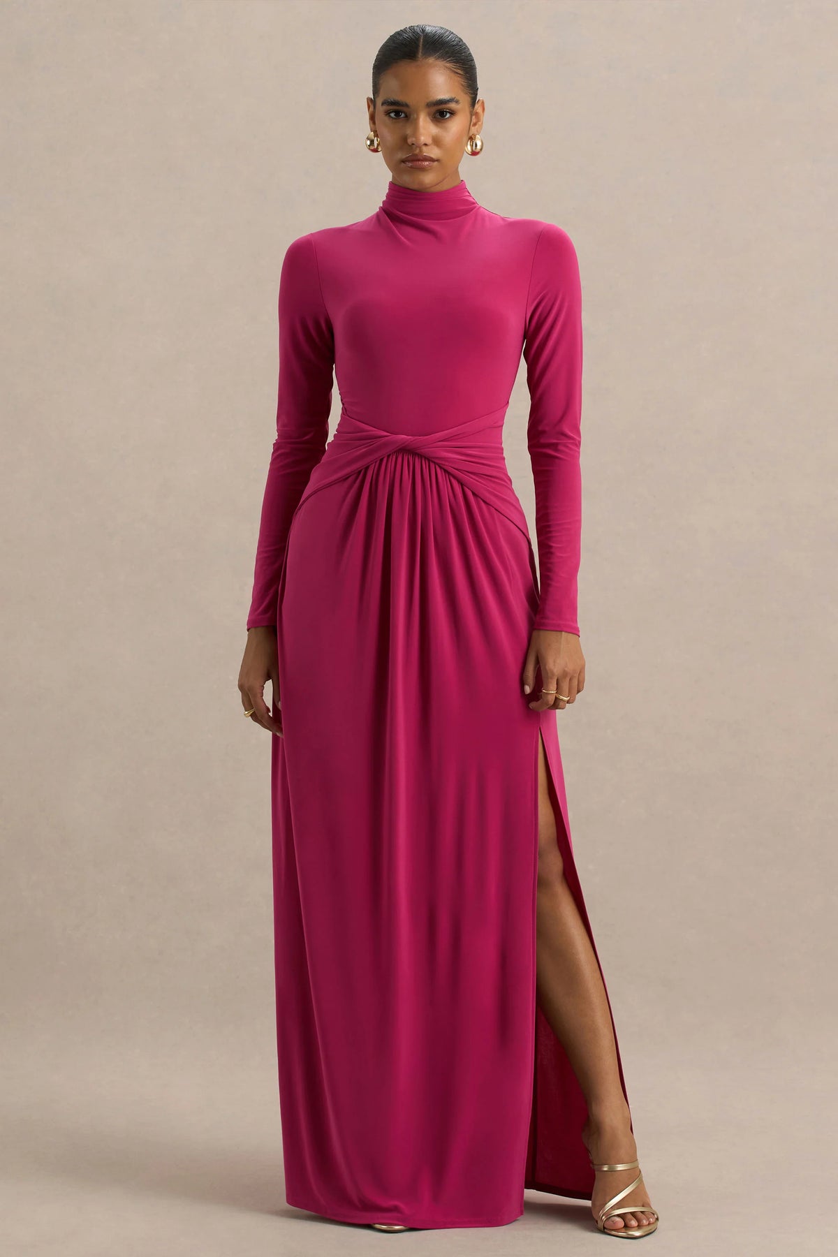 Hourglass | Hot Pink Long-Sleeve Twisted Maxi Dress With Split