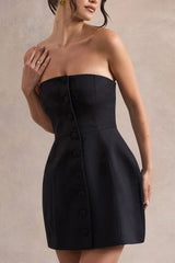 Anniston | Black Bandeau Tailored Buttoned Mini Dress