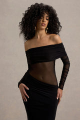 Belamour | Black Semi-Sheer Bardot Gathered Maxi Dress