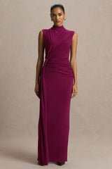 Solene | Burgundy High-Neck Maxi Dress With Wrap And Drape Detail