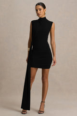 Sorenna | Black High-Neck Mini-Dress With Wrap And Sash Detail
