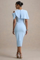 Dorothea | Blue Draped Midi Dress With Cape