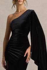 Camilla | Black Velvet Asymmetric-Neck Maxi Dress With Ruched Detailing