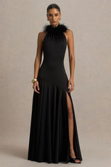 Jemima | Black Satin Halter-Neck Maxi Dress With Feather Trim