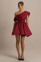 Verona | Burgundy  Draped Asymmetric-Neck Skater Mini Dress