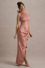 Maureen | Pink Satin High-Neck Draped Maxi Dress