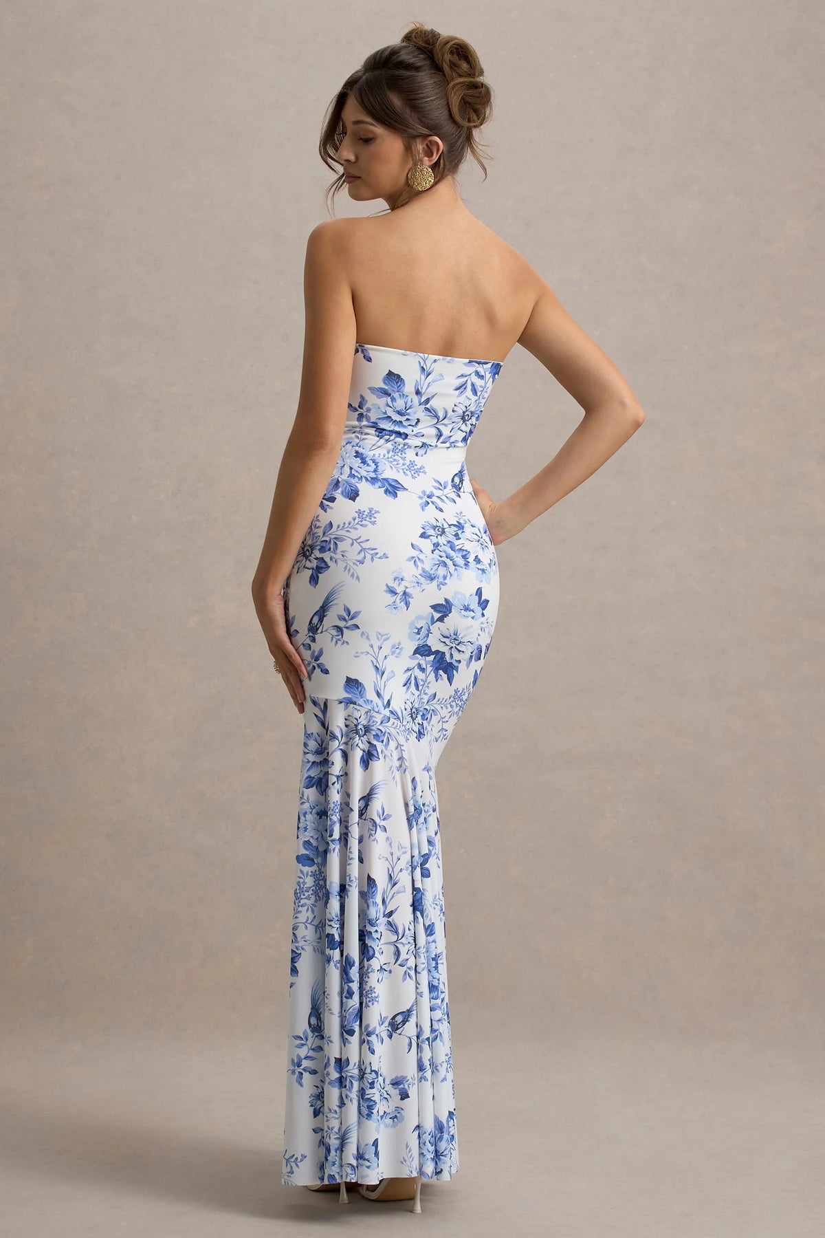 Callie | Blue Porcelain Print Bandeau Fishtail Maxi Dress