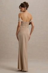 Annie | Champagne Satin Bardot Maxi Dress With Split Wrap Skirt