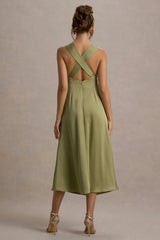 Beck | Light Green Satin Plunge-Neck Cross-Back Midi Dress