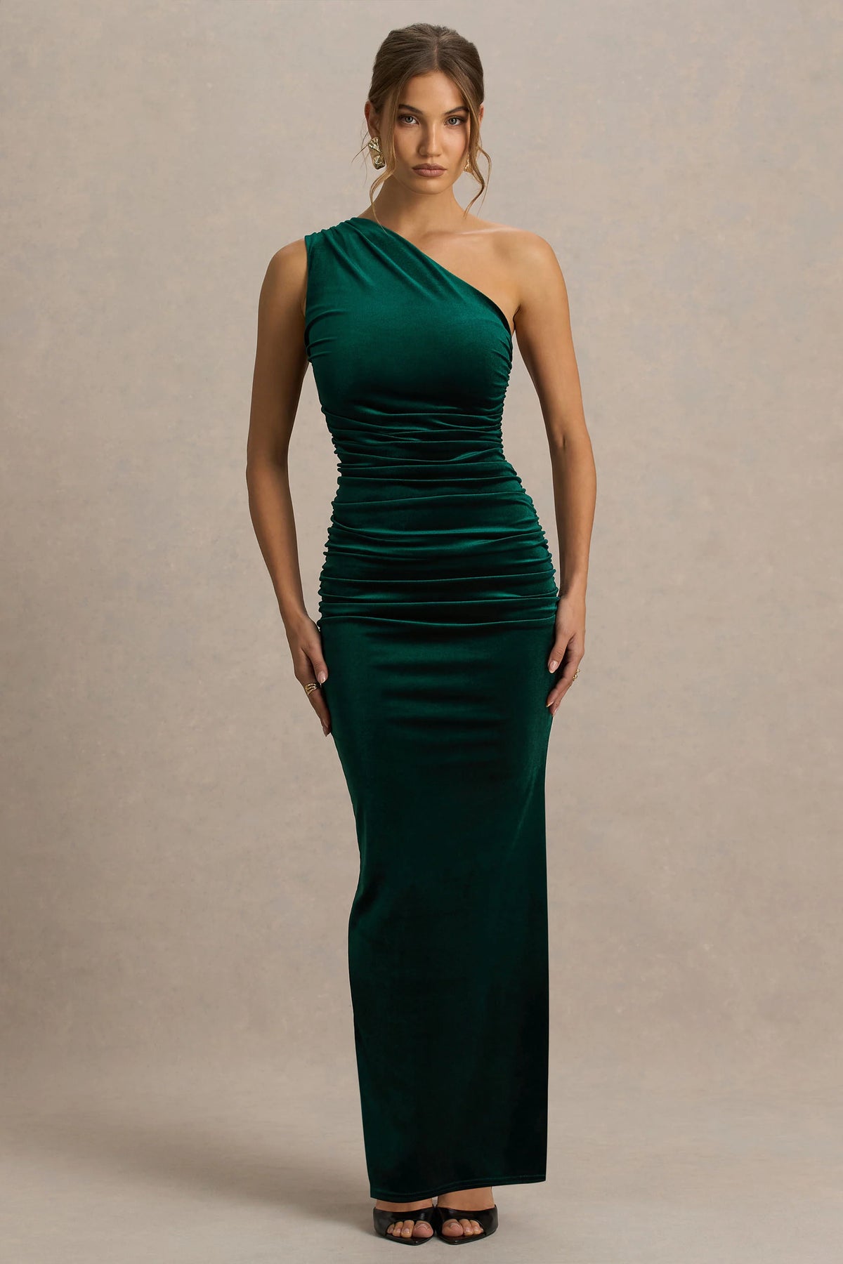 Treat | Bottle Green Velvet Asymmetric-Neck Maxi Dress With Ruched Detailing