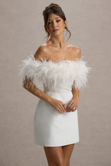 Palace | White Bardot Mini Dress With Feather Trim
