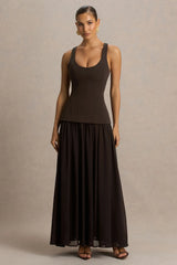 Kelly | Brown Scoop-Neck Maxi Dress With Pleated Mesh Skirt