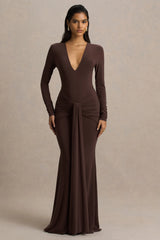 Saffie | Chocolate Extreme-Plunge Wrap Maxi Dress With Long-Sleeves And Ruched Detailing