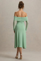 Flatter Me | Light Green Bardot Midi Dress With Mesh Sleeves