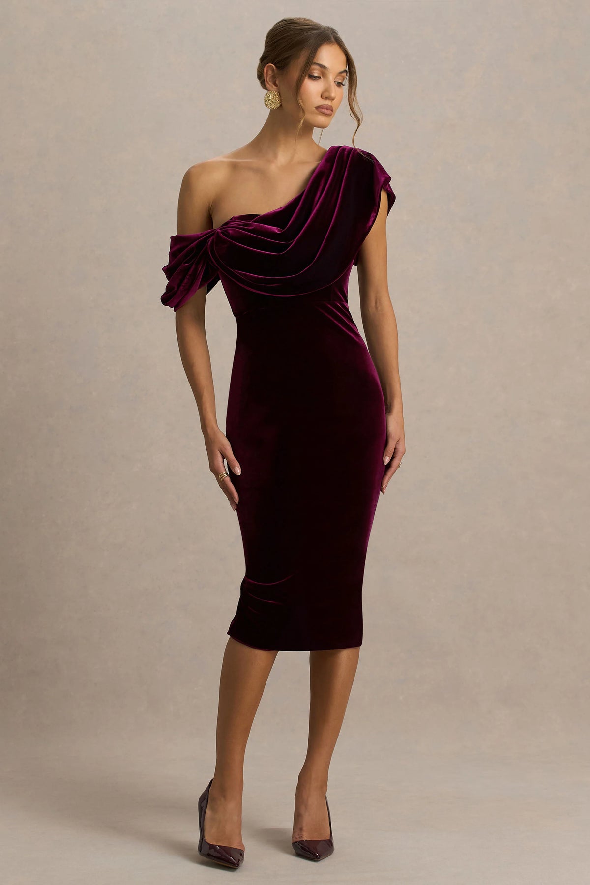High End | Burgundy Velvet Asymmetric-Neck Midi Dress With Draped Detailing