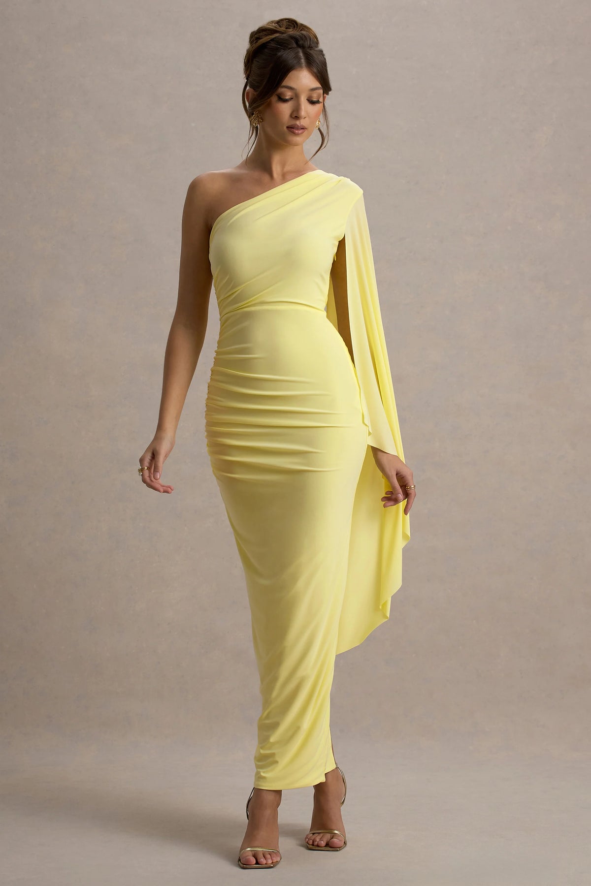Clementina | Lemon Asymmetric Cape Sleeve Maxi Dress