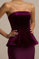 Indulgent | Burgundy Velvet And Satin Bandeau Corset Maxi Dress