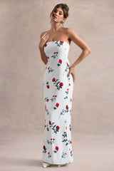 Azra | Rose Print Satin Bandeau Maxi Dress