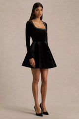 Beloved | Black Velvet Embellished Square-Neck Mini Dress