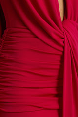 Serafina | Red Extreme-Plunge Maxi Dress With Ruched Detailing And Open-Back