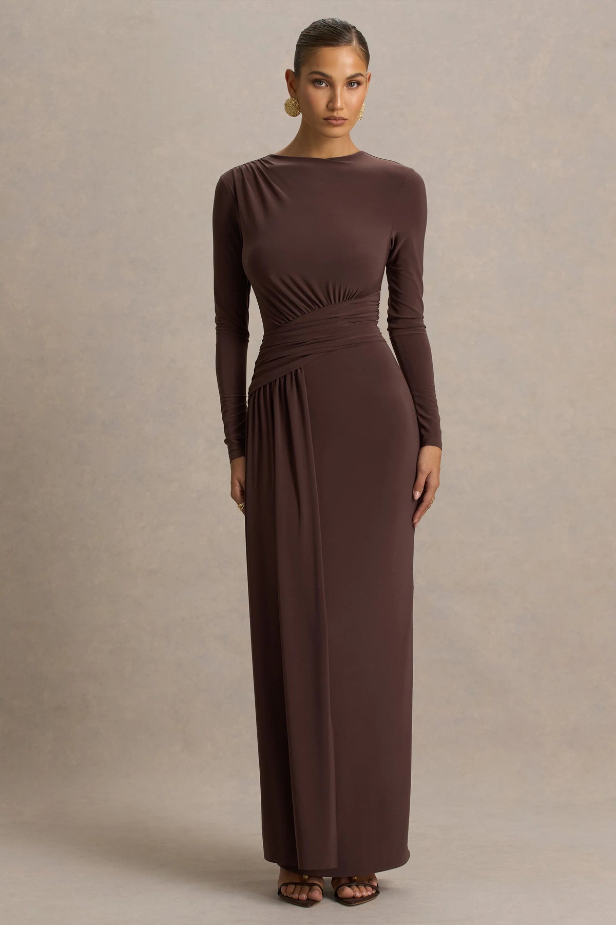 Virelle | Brown Boat-Neck Maxi Dress With Wrap Detail And Sash