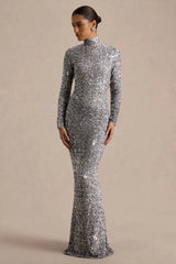 Galaxy | Silver Sequin Turtle-Neck Long-Sleeve Maxi Dress