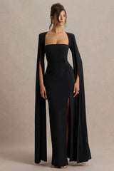 Claretta | Black Square Neck Twisted Maxi Dress With Cape Sleeves