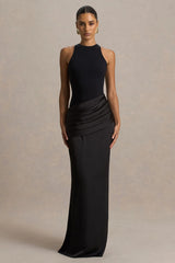 Akari | Black Crew-Neck Maxi Dress With Satin Skirt