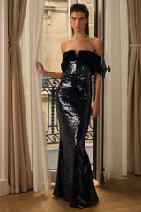 Bex | Black Sequin And Velvet Bardot-Neck Maxi Dress