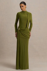 Melissa | Olive Long-Sleeve Wrap Maxi Dress With Draped Detailing