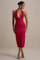 Aine | Red Satin Jacquard Cowl-Neck Midi Dress