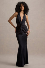 Amazonie | Black Plunge-Neck Twisted Maxi Dress With Mesh Panels