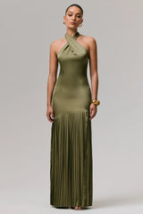 Sansa | Khaki Satin Cross Halter-Neck Plisse Maxi Dress