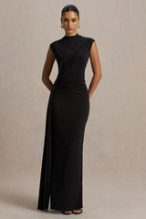 Solene | Black High-Neck Maxi Dress With Wrap And Drape Detail