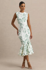 Priceless | Green Porcelain Print Print High-Neck Fishtail Midi Dress