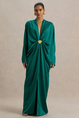 Tina | Dark Green Satin Plunge-Neck Embellished Maxi Dress